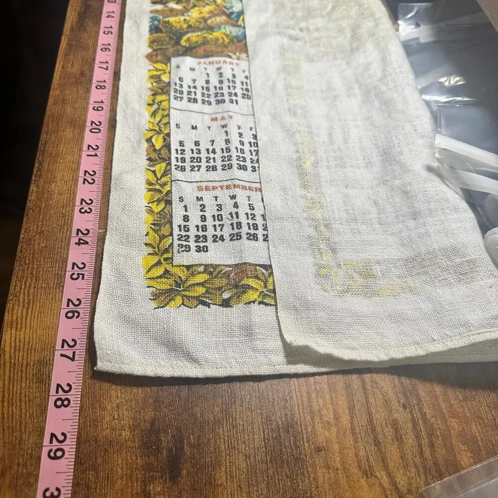 Vintage Linen Kitchen Cloth Calendar Year 1974 Old Country Mill Birthday Glitter